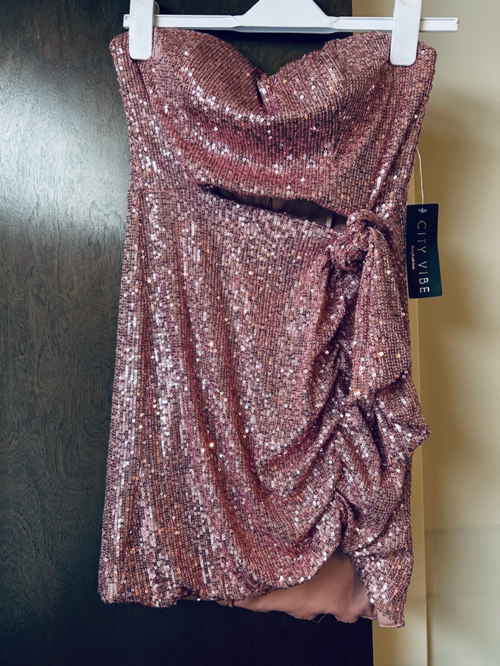 City Vibe Strapless Sequin Mini Dress in Rose Gold
